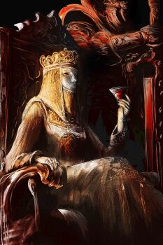 00osamio00 1girl 1other absurdres albinauric_(elden_ring) armor covered_face crown dress elden_ring fromsoftware gloves helmet highres holding holding_weapon jewelry lady_tanith_(elden_ring) leather leather_gloves long_sleeves mask weapon white_dress