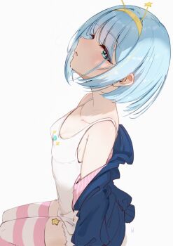 1girl absurdres blue_eyes blue_hair blue_jacket breasts camisole cleavage commentary english_commentary from_side hairband hdukl highres jacket jelly_hoshiumi jelly_hoshiumi_(comfy) looking_up official_alternate_costume official_alternate_hairstyle open_clothes open_jacket open_mouth phase_connect pink_thighhighs short_hair shorts simple_background small_breasts solo star_(symbol) star_in_eye striped_clothes striped_thighhighs symbol_in_eye thighhighs virtual_youtuber white_background white_camisole white_thighhighs yellow_hairband