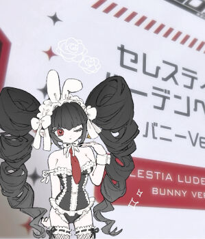 1girl animal_ears bare_shoulders black_hair black_leotard bow breasts celestia_ludenberg cowboy_shot danganronpa:_trigger_happy_havoc danganronpa_(series) drill_hair fake_animal_ears fishnet_thighhighs fishnets frilled_leotard frills highres leotard medium_breasts necktie one_eye_closed playboy_bunny rabbit_ears red_hair red_necktie seailand solo thighhighs translation_request twin_drills twintails white_bow