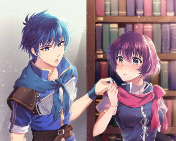 Rule 34 | 1boy, 1girl, awayuki ramika, blue eyes, blue hair, bookshelf, breasts, commentary request, fire emblem, fire emblem: new mystery of the emblem, katarina (fire emblem), looking at another, male kris (fire emblem), medium breasts, nintendo, purple hair, red scarf, scarf, short hair