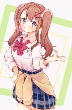 1girl absurdres alternate_hair_length alternate_hairstyle blue_skirt breast_pocket breasts brown_hair cardigan cardigan_around_waist chewing_gum clothes_around_waist collarbone collared_shirt cowboy_shot diagonal-striped_clothes diagonal-striped_ribbon dress_shirt facing_viewer furrowed_brow grey_eyes gyaru hair_ornament hair_scrunchie hairclip hanasato_minori hand_on_own_hip hand_up highres kamiyama_high_school_uniform_(project_sekai) kogal lapel_pin light_blush long_hair long_sleeves medium_breasts neck_ribbon parted_lips pink_scrunchie plaid_clothes plaid_skirt pleated_skirt pocket project_sekai red_ribbon ribbon school_uniform scrunchie serious shirt shirt_tucked_in sidelocks sideways_glance simple_background skirt solo square striped_clothes swept_bangs tareme thighs twintails v wavy_hair white_background white_shirt x_hair_ornament yellow_cardigan yuirinex