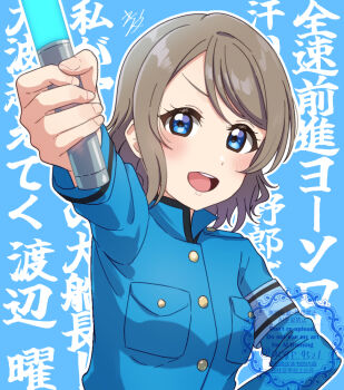 1girl :d armband blue_armband blue_background blue_eyes breast_pocket brown_hair coat_dress commentary dress glowstick holding holding_glowstick kyaku_tasu looking_at_viewer love_live! love_live!_nijigasaki_high_school_idol_club love_live!_series_asia_tour_2024 love_live!_sunshine!! lyrics open_mouth penlight_(glowstick) pocket ryouran!_victory_road_(love_live!) short_hair smile solo teeth text_background translation_request upper_body upper_teeth_only watanabe_you watermark