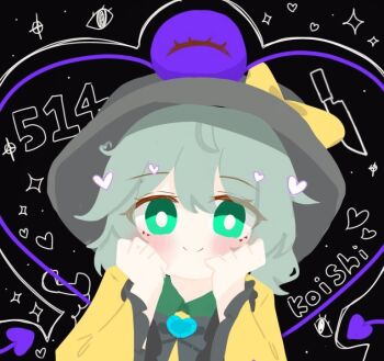 1girl anzu_cha709 black_background black_bow black_bowtie blush blush_stickers bow bowtie character_name closed_mouth collared_shirt contrast_collar disembodied_eye facial_mark frilled_shirt frills green_eyes green_hair hair_between_eyes hands_on_own_cheeks hands_on_own_face heart knife koishi_day komeiji_koishi long_sleeves looking_at_viewer shirt short_hair smile solo sparkle third_eye touhou triangle triangle_facial_mark wide_sleeves yellow_shirt