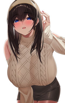 1girl absurdres arisugawa_ya bare_shoulders black_hair black_skirt blue_eyes blush breasts clothing_cutout earrings hair_between_eyes hairband highres idolmaster idolmaster_cinderella_girls jewelry large_breasts leaning long_hair long_sleeves looking_at_viewer open_mouth pantyhose pencil_skirt ribbed_sweater sagisawa_fumika shoulder_cutout skirt solo sweater turtleneck turtleneck_sweater white_hairband white_sweater