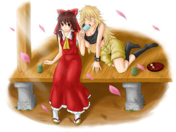 Rule 34 | 2girls, blonde hair, blush, brown hair, cherry blossoms, closed eyes, cup, dango, dress, female focus, food, gari gari-kun, hair ribbon, hair tubes, hakurei reimu, ice soda, kirisame marisa, leaning, long hair, messy hair, multiple girls, namuro, navel, open mouth, petals, pillar, plate, popsicle, porch, red eyes, reimari, ribbon, sandals, shirt, shorts, shrine, sitting, skewer, smile, socks, star (symbol), summer, sunlight, teacup, touhou, veranda, wagashi, wristband, yunomi