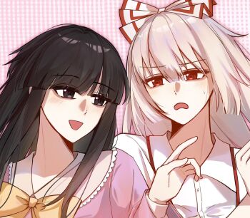 2girls black_eyes black_hair blunt_bangs blush bow bowtie buttons checkered_background collared_shirt commentary_request fujiwara_no_mokou hair_between_eyes hair_bow hand_up highres houraisan_kaguya lei_niao3375 long_hair long_sleeves looking_at_another multiple_girls open_mouth pink_background pink_shirt red_eyes shirt sidelocks smile suspenders sweatdrop touhou upper_body white_bow white_shirt wide_sleeves yellow_bow yellow_bowtie