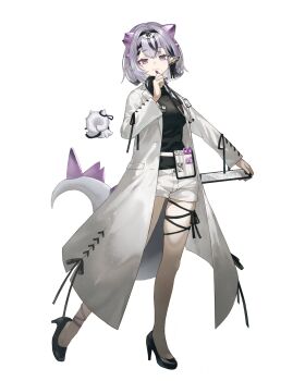 1girl character_request clipboard commentary_request doctor ear_piercing fagi_(kakikaki) heterochromia high_heels highres lab_coat madtown_gta mole mole_under_mouth multicolored_hair piercing pointy_ears scissors short_hair shorts solo stethoscope streaked_hair tail virtual_youtuber white_background