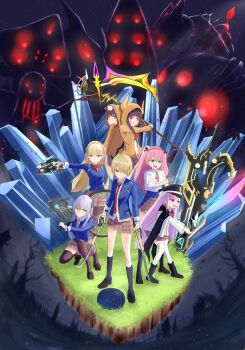 Rule 34 | 6+girls, aikawa megumi, asakura karen (heaven burns red), commentary request, crystal, dual persona, fuzikunnn, grass, gun, heaven burns red, highres, holding, holding gun, holding scythe, holding weapon, izumi yuki (heaven burns red), kayamori ruka, kunimi tama, multiple girls, narby (heaven burns red), scythe, toujou tsukasa, weapon