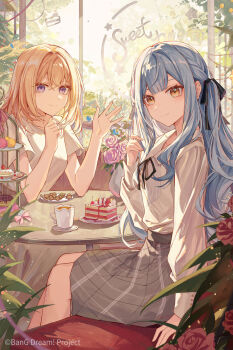 2girls bad_source bang_dream! bang_dream!_it's_mygo!!!!! black_ribbon blonde_hair blue_hair cake cake_slice closed_mouth collared_shirt copyright_notice cowboy_shot cup flower food grey_skirt highres indoors long_hair long_sleeves looking_at_viewer medium_hair misumi_uika multiple_girls official_art pink_flower pink_rose purple_eyes ribbon rose second-party_source shirt shirt_tucked_in sitting skirt smile teacup togawa_sakiko white_shirt yajuu yellow_eyes