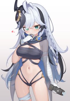 1girl antenna_hair aqua_eyes bandaged_arm bandaged_leg bandages bikini black_bikini braid breasts chun_bae cleavage colored_inner_hair cosette_(stella_sora) cosette_(swimsuit)_(stella_sora) gluteal_fold hair_ornament highres holding_stun_gun large_breasts long_hair looking_at_viewer multi-strapped_bikini_bottom multicolored_hair navel official_alternate_costume see-through_clothes solo stella_sora stomach streaked_hair string_bikini stun_gun swimsuit thighs very_long_hair white_hair