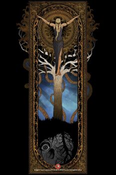 1girl armlet barefoot belt black_background black_dress blonde_hair bracelet collegeartist1 commentary crucifixion dress elden_ring english_commentary erdtree_(elden_ring) full_body gold_armlet gold_belt gold_bracelet gold_diadem highres jewelry long_hair looking_down metal_belt night nostrils one-eyed outstretched_arms patreon_username prince_of_death_(elden_ring) queen queen_marika_the_eternal restrained skull sky sleeveless sleeveless_dress spread_arms star_(sky) starry_sky stationary_restraints tree