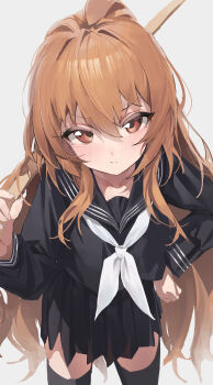 1girl absurdres aisaka_taiga berserker_r black_serafuku black_thighhighs bokken brown_eyes brown_hair chinese_commentary commentary_request cowboy_shot double-parted_bangs from_above hair_between_eyes hair_intakes hand_on_own_hip hand_up highres leaning_forward long_hair long_sleeves looking_at_viewer neckerchief pleated_skirt puffy_long_sleeves puffy_sleeves school_uniform serafuku simple_background skirt solo standing sword thighhighs toradora! v-shaped_eyebrows weapon white_background white_neckerchief wooden_sword zettai_ryouiki