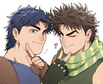 Rule 34 | 2boys, battle tendency, blue eyes, blue hair, blue shirt, commentary request, eyelashes, fingerless gloves, fingernails, flying sweatdrops, gloves, grandfather and grandson, green shirt, grin, heart, index finger raised, jojo no kimyou na bouken, jonathan joestar, joseph joestar, joseph joestar (young), kameo 002, male focus, messy hair, multiple boys, one eye closed, phantom blood, raised eyebrow, scarf, shirt, sleeveless, sleeveless shirt, smile, striped clothes, striped scarf, thick eyebrows, time paradox, v, white background