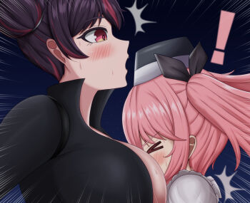 Rule 34 | 1girl, 2girls, black bodysuit, black hair, bodysuit, breast rest, breast smother, breasts, breasts on head, closed mouth, face to breasts, goddess of victory: nikke, highres, long sleeves, multiple girls, pink hair, quency (escape queen) (nikke), quency (nikke), quiry (nikke), rabbitttt, red eyes