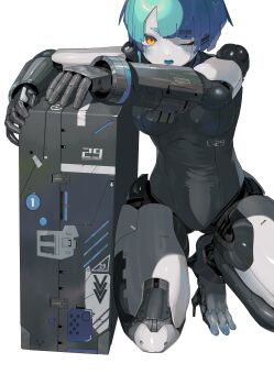 1girl absurdres barcode blue_tongue breasts colored_tongue commentary highres humanoid_robot joints machine mechanical_hair metal_hair metal_skin one_eye_closed original robot robot_girl robot_joints short_hair simple_background solo white_background yellow_eyes yunimaru