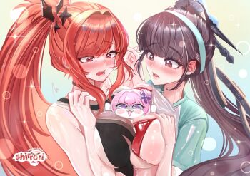 2girls asymmetrical_docking bikini breast_press breasts brown_eyes brown_hair clothes_lift cosplay costume_switch crossover doro_(nikke) eve_(stellar_blade) goddess_of_victory:_nikke high_ponytail highres large_breasts multiple_girls official_alternate_hairstyle one-piece_swimsuit ponytail rapi_(nikke) rapi_(red_hood)_(nikke) rapi_(red_hood)_(red_flavor)_(nikke) red_bikini red_eyes red_hair shift_up shirrori shirt_lift stellar_blade swimsuit