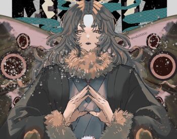 1boy antennae arthropod_boy bishounen black_jacket brown_collar brown_eyes brown_hair collar commentary_request fur_collar grey_kimono highres insect_wings jacket japanese_clothes kimono long_hair long_sleeves looking_at_viewer male_focus moth_antennae moth_boy moth_wings open_clothes open_jacket open_mouth original own_hands_together parted_bangs parted_hair sahi00000 solo straight-on triangle_hands upper_body wings