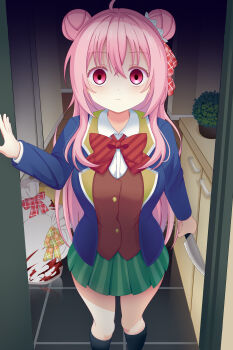 absurdres ahoge arm_at_side black_socks blood blue_jacket bow brown_vest chinese_commentary closed_mouth collared_shirt commentary_request crazy crazy_eyes crossed_bangs double_bun expressionless eyelashes feet_out_of_frame foreshortening green_skirt hair_between_eyes hair_bun hair_ribbon hand_up happy_sugar_life highres holding holding_knife indoors jacket kneehighs knife long_hair long_sleeves looking_at_viewer matsuzaka_satou miniskirt nmudml2 open_clothes open_door open_jacket pink_hair plaid_ribbon plant pleated_skirt potted_plant red_bow red_eyes red_ribbon ribbon ringed_eyes shaded_face shirt sidelocks skirt socks standing straight-on striped_bow striped_clothes striped_skirt tile_floor tiles very_long_hair vest white_shirt wide-eyed yandere