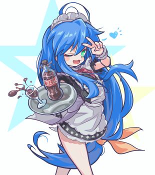 1girl ;3 absurdres ahoge apron blue_hair blush bottle bow bowtie cola collar commentary_request cup drinking_glass gd._fengzi green_eyes hair_between_eyes heart highres holding holding_tray izumi_konata long_hair looking_at_viewer low-tied_long_hair lucky_star maid maid_apron maid_headdress mole mole_under_eye notice_lines one_eye_closed open_mouth red_bow red_bowtie simple_background smile soda_bottle solo spilling tray v white_apron wine_glass