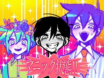 Rule 34 | 3boys, :d, antenna hair, aqua overalls, basil (headspace) (omori), basil (omori), black hair, blue jacket, blush, bossman hero, collared shirt, colored skin, commentary request, double-parted bangs, drooling, fangs, gradient background, green eyes, green hair, green shirt, grin, hair behind ear, hair between eyes, hero (headspace) (omori), hero (omori), honshiya, jacket, looking at viewer, male focus, mouth drool, multicolored jacket, multiple boys, necktie, nose blush, official alternate eye color, omori, omori (omori), open mouth, overalls, pink background, purple hair, raised inner eyebrows, red necktie, shirt, short hair, simple background, smile, straight-on, striped clothes, striped jacket, sweat, teeth, translation request, two-tone jacket, upper body, upper teeth only, v-shaped eyebrows, vertical-striped clothes, vertical-striped jacket, very short hair, white eyes, white jacket, white shirt, white skin, yellow background