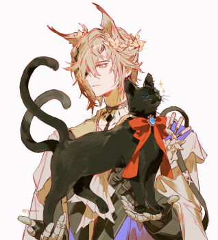 1boy animal animal_ears arknights black_cat black_gloves brown_hair cat cat_boy cat_ears closed_eyes closed_mouth gloves hair_over_one_eye highres laurel_crown long_sleeves male_focus miss_christine_(arknights) multiple_tails neck_ribbon one_eye_covered phantom_(arknights) red_ribbon ribbon short_hair simple_background sparkle tail tragodia_(arknights) two_tails upper_body white_background yellow_eyes yuji_(fantasia)