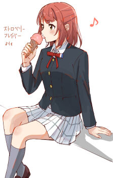 1girl black_jacket blush collared_shirt commentary eighth_note food green_eyes grey_socks highres holding holding_ice_cream_cone ice_cream ice_cream_cone invisible_chair jacket kneehighs long_sleeves love_live! love_live!_nijigasaki_high_school_idol_club medium_hair musical_note neck_ribbon nijigasaki_school_uniform pink_hair plaid_clothes plaid_skirt pleated_skirt red_ribbon ribbon school_uniform shirt simple_background sitting skirt skt_(ryxxxxx) socks solo tongue tongue_out translation_request uehara_ayumu white_background white_shirt