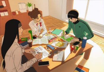 1girl 2boys absurdres black_hair blunt_bangs bottle bow bowl_cut bowtie breasts brown_eyes brown_hair cellphone computer cup disposable_coffee_cup disposable_cup double_bun food furrowed_brow green_jacket grey_headband hair_bun head_on_hand headband highres holding holding_pen hyuuga_neji indoors jacket laptop long_hair m0_mo_momo medium_breasts multiple_boys naruto_(series) open_mouth parted_bangs pen phone plant pocky potted_plant red_bow red_bowtie rock_lee shirt short_hair smartphone studying sunlight sweatdrop tenten_(naruto) thick_eyebrows upper_body water_bottle white_shirt writing