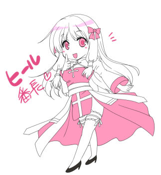 1girl arch_bishop_(ragnarok_online) bow breasts cleavage_cutout clothing_cutout commentary_request cross dress frilled_thighhighs frills full_body hair_bow hair_tubes high_heels index_finger_raised long_hair looking_at_viewer masaya_ichika monochrome notice_lines open_mouth pink_theme ragnarok_masters ragnarok_online sash shoes simple_background small_breasts solo standing thighhighs two-tone_dress