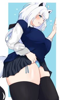 1girl ahoge alternate_costume animal_ears aqua_eyes bikini bikini_under_clothes black_skirt black_thighhighs blue_background blue_bikini blue_sweater_vest blush clothes_lift fox_ears fox_girl fox_tail from_side heart hololive lips long_hair shirakami_fubuki shirt side-tie_bikini_bottom skindentation skirt skirt_lift smile solo standing sweater_vest swimsuit tail tenpura32200 thick_thighs thighhighs thighs virtual_youtuber white_hair white_shirt zettai_ryouiki