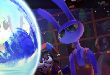 abstraction_(the_amazing_digital_circus) animal_ears artist_logo artist_name black_eyes black_hair blue_eyes blue_gloves colored_sclera colored_skin commentary english_commentary furry furry_male gloves hat highres jax_(the_amazing_digital_circus) kaufmo_(the_amazing_digital_circus) logo multicolored_eyes nddo442 overalls pomni_(the_amazing_digital_circus) rabbit_boy rabbit_ears red_eyes red_hat red_overalls ribbit_(the_amazing_digital_circus) short_hair the_amazing_digital_circus two-tone_eyes white_skin yellow_sclera