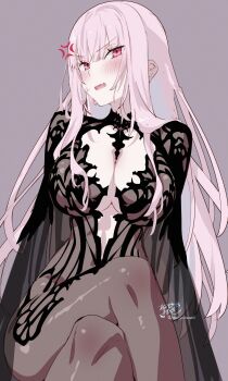 1girl absurdres alternate_costume anger_vein black_cape black_dress blush breasts cape chronopattern_dress crossed_legs dress grey_background highres hololive hololive_english kamiya_maneki large_breasts long_hair mori_calliope pink_eyes pink_hair simple_background solo sweat virtual_youtuber