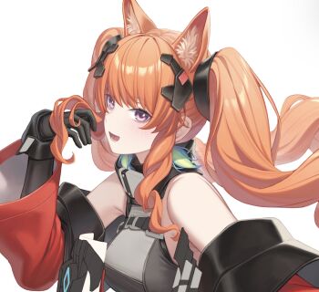 Rule 34 | 1girl, :d, angelina (arknights), animal ear fluff, animal ears, arknights, arknights: endfield, black gloves, breasts, commentary, cosplay, drill hair, drill sidelocks, earrings, english commentary, extra ears, feather earrings, feathers, fox ears, fox girl, gilberta (arknights), gloves, green feathers, grey shirt, halter shirt, halterneck, headgear, highres, hololive, hololive english, jacket, jewelry, long hair, looking at viewer, medium breasts, off shoulder, open mouth, orange hair, purple eyes, red jacket, resu desu, shirt, sidelocks, simple background, sleeveless, sleeveless shirt, smile, solo, takanashi kiara, twintails, upper body, virtual youtuber, white background