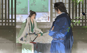 2boys absurdres architecture bird black_bird black_hair blue_hanfu cape chen_zixi chinese_clothes chinese_commentary coat commentary_request crossed_arms east_asian_architecture fur-trimmed_coat fur_trim hand_fan hanfu highres holding holding_fan implied_yaoi jiang_yan looking_at_another male_focus multiple_boys plant sitting standing tree where_winds_meet white_bird white_hanfu window yinglingshang
