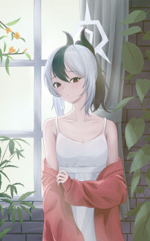 1girl absurdres alternate_costume bare_shoulders black_hair black_horns blue_archive blush cardigan cardigan_partially_removed casual closed_mouth collarbone commentary cowboy_shot day demon_girl demon_horns dress eyelashes frown grey_halo hair_between_eyes halo hand_up highres horns indoors kayoko_(blue_archive) kuronagasu_ir leaf long_hair looking_at_viewer mole mole_on_neck multicolored_hair open_cardigan open_clothes ponytail red_cardigan red_eyes sleeveless sleeveless_dress sleeves_past_wrists solo spaghetti_strap straight_hair two-tone_hair white_dress white_hair window
