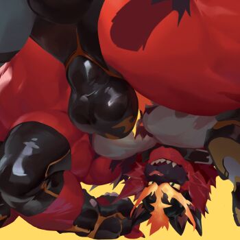 1boy bara bulge colored_sclera commentary covered_testicles furry furry_male gen_7_pokemon incineroar male_focus muscular muscular_male nintendo null-ghost pokemon pokemon_(creature) simple_background solo symbol-only_commentary yellow_background yellow_sclera