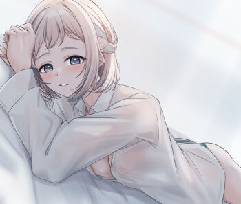1girl absurdres aqua_panties areola_slip ass blue_ribbon blush braid breasts commentary_request dress_shirt gakuen_idolmaster grey_hair hair_ribbon half_up_braid highres idolmaster katsuragi_lilja looking_at_viewer lying medium_breasts no_bra no_pants panties partial_commentary ribbon ribbon_in_braid shirt short_hair solo underwear white_shirt yuzuyu_(hyui)