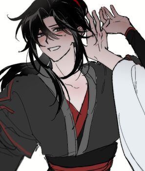 Rule 34 | 2boys, bishounen, black eyes, black hair, black hanfu, black sash, blush, chinese clothes, commentary request, hair between eyes, hand up, hanfu, kabedon, korean commentary, lan wangji, long hair, long sleeves, looking at viewer, male focus, modao zushi, multiple boys, out of frame, parted bangs, ponytail, pov, pov hands, rang jge, red sash, robe, sash, sidelocks, simple background, smile, solo focus, sweat, sweatdrop, upper body, wei wuxian, white background, white hanfu, yaoi