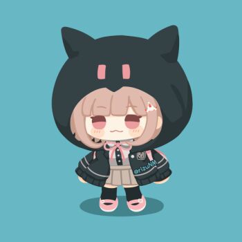 1girl brown_hair chibi collared_shirt danganronpa_(series) danganronpa_2:_goodbye_despair hair_ornament hood hooded_jacket jacket long_sleeves looking_at_viewer medium_hair nanami_chiaki neck_ribbon open_clothes open_jacket pink_eyes pink_ribbon pleated_skirt ribbon rizu_(rizunm) shirt skirt solo thighhighs white_shirt