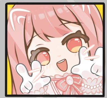 1girl animal_ears bead_bracelet beads blunt_bangs border bow bowtie bracelet brooch brown_eyes cat_ears chibi chinese_commentary collared_shirt commentary_request double_v drawn_ears drawn_whiskers eyelashes floral_memory_(infinity_nikki) frilled_shirt frilled_shirt_collar frills gloves grey_border happy high_collar infinity_nikki jewelry kfc light_blush long_hair looking_at_viewer meile98721 nikki_(nikki) nikki_(series) official_alternate_color open_mouth pink_hair pink_wrist_cuffs red_bow red_bowtie shirt sleeveless sleeveless_shirt smile solo straight_hair striped_clothes striped_shirt teeth upper_body upper_teeth_only v vertical-striped_clothes vertical-striped_shirt white_gloves white_shirt wrist_cuffs yellow_background