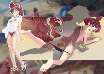 1boy ash_ketchum bikini blue_bikini blurry blurry_background breasts brown_hair censored cervix chloe_(pokemon) clothed_female_nude_male cum cum_in_pussy deep_penetration ejaculation green_eyes hair_bun hetero highres long_hair looking_back mosaic_censoring nintendo nipples nude paid_reward_available penis pokemon pokemon_(anime) pokemon_journeys prone_bone sandals see-through_clothes see-through_shirt sex sex_from_behind shirt short_hair silhouette small_breasts swimsuit toiro_gawon vaginal white_shirt