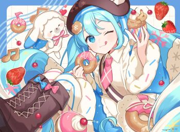 Rule 34 | 1girl, ;3, ;q, apron, binchou maguro, blue border, blue bow, blue dress, blue eyes, blue hair, blush, boots, border, bow, brown boots, brown hat, cherry, closed mouth, commentary request, cream, cupcake, donut, dot nose, double-parted bangs, dress, food, footwear bow, frilled apron, frills, fruit, full body, grid background, hat, hatsune miku, heart, highres, holding, holding donut, holding food, knee boots, lace-up boots, long hair, long sleeves, looking at viewer, necktie, one eye closed, outside border, pink bow, pink necktie, rabbit yukine, short necktie, smile, strawberry, tongue, tongue out, twintails, vocaloid, white apron, white background, wide sleeves, yuki miku, yuki miku (2026)