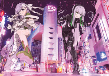 Rule 34 | 2girls, bandage over one eye, bandaged arm, bandaged head, bandaged leg, bandages, black bodysuit, black gloves, bodysuit, breasts, elbow gloves, fate/grand order, fate (series), full body, giant, giantess, gimp suit, gloves, green ribbon, grin, hair ribbon, hairband, heterochromia, kingprotea (fate), latex, latex bodysuit, long hair, looking at viewer, medium breasts, moss, multiple girls, naked bandage, purple eyes, purple hair, ribbon, shibuya 109, small breasts, smile, very long hair, wada arco, xochitonal (fate), yellow eyes