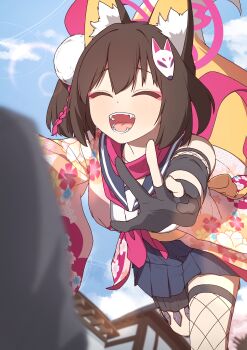 1girl 1other :d ^_^ absurdres animal_ear_fluff animal_ears black_gloves black_sailor_collar black_skirt blue_archive blue_sky blurry blush brown_hair building cherry_blossom_print closed_eyes cloud commentary cowboy_shot day depth_of_field eyeshadow facing_another fangs fishnet_thighhighs fishnets floral_print floral_print_kimono foreshortening fox_ears fox_girl fox_hair_ornament fox_tail fuhao10708 gloves hair_between_eyes hair_ornament halo hands_up happy highres imminent_hug izuna_(blue_archive) japanese_clothes kimono kunai leg_up makeup medium_hair miniskirt neckerchief ninja one_side_up open_mouth outdoors outstretched_arms partially_fingerless_gloves pink_eyeshadow pink_halo pink_kimono pink_neckerchief pink_scarf pleated_skirt pom_pom_(clothes) pom_pom_hair_ornament print_kimono running sailor_collar scarf school_uniform sensei_(blue_archive) serafuku shirt side_ponytail single_bare_shoulder single_thighhigh skirt sky sleeveless sleeveless_shirt smile solo_focus standing standing_on_one_leg tail tail_raised teeth thigh_strap thighhighs tongue weapon weapon_in_garters white_shirt