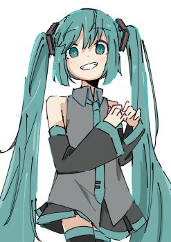 1girl absurdres aqua_eyes aqua_hair aqua_necktie auhuheben17 black_sleeves cowboy_shot detached_sleeves grey_shirt hatsune_miku highres long_hair necktie shirt sleeveless sleeveless_shirt solo twintails very_long_hair vocaloid white_background