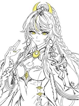 Rule 34 | 1girl, blonde hair, braid, breasts, chinese commentary, cleavage, cleavage cutout, closed mouth, clothing cutout, commentary request, crescent, crescent hair ornament, dress, fur trim, genshin impact, hair ornament, high ponytail, highres, jewelry, lineart, long hair, looking at viewer, medium breasts, monochrome, multicolored hair, niniaa, ponytail, simple background, smile, solo, spot color, streaked hair, white background, yellow eyes, yellow nails, zibai (genshin impact)