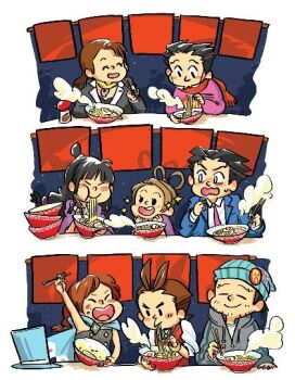 2boys 4girls ^_^ ace_attorney antenna_hair apollo_justice apollo_justice:_ace_attorney arm_up artist_request beanie beard_stubble black_eyes black_hair black_jacket black_shirt blazer blue_cape blue_hat blue_jacket blunt_bangs blush_stickers border bow-shaped_hair bowl brown_hair buttons cape chibi child chopsticks closed_eyes collared_jacket commentary contrast_lapels diamond-shaped_brooch diamond_button eating english_commentary facial_hair food forehead fringe_trim gem glutton green_gem grey_hoodie hair_rings happy hat hat_pin heart heart_print holding holding_chopsticks holding_with_chopsticks hood hood_down hoodie jacket lapel_pin lapels layered_sleeves long_hair long_sleeves magatama maya_fey mia_fey multiple_boys multiple_girls necktie night noodles notched_lapels o3o open_clothes open_jacket open_mouth outdoors parted_lips pearl_fey phoenix_wright phoenix_wright:_ace_attorney phoenix_wright:_ace_attorney_-_trials_and_tribulations phoenix_wright_(nostalgic_sweater) pink_necktie pink_sweater print_sweater puffy_long_sleeves puffy_sleeves purple_shirt ramen ramen_stand red_eyes red_scarf scarf sequential shadow shirt short_hair siblings sisters sky smile solid_oval_eyes source_request soy_sauce spiked_hair star_(sky) starry_sky steam strapless strapless_shirt stubble surprised sweater tank_top thick_eyebrows third-party_source top_hat topknot trucy_wright unworn_hat unworn_headwear white_border white_shirt white_tank_top yellow_scarf