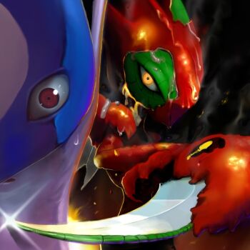 1boy 1other blade cosmo_(465lilia) gameplay_mechanics gen_1_pokemon gen_2_pokemon gen_3_pokemon glowing glowing_eyes latios legendary_pokemon melting naruto_(series) nintendo parody pokemon pokemon_(creature) pokemon_ability realistic red_eyes scizor scyther sweat transformation weak_armor_(pokemon) what