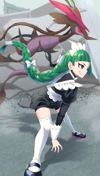 1girl absurdres apron black_romper blunt_bangs bow bowtie braid braided_ponytail colored_sclera commentary_request dragalge gen_6_pokemon green_hair highres juliet_sleeves leafy_seadragon leaning_forward lebanne_(pokemon) long_braid long_hair long_sleeves maid maid_apron momeox2 nintendo pink_lips pokemon pokemon_(creature) pokemon_legends:_z-a puffy_sleeves red_sclera romper slit_pupils snout spread_legs thighhighs tsurime white_bow white_bowtie white_thighhighs
