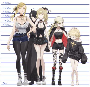 1boy 4girls absurdres age_comparison age_progression ahoge ankle_strap araragi_koyomi arm_at_side arms_at_sides bare_legs barefoot belt belt_buckle black_belt black_boots black_bra black_cape black_choker black_coat black_eyes black_nails black_pantyhose black_ribbon black_shirt black_shorts black_skirt black_sweater black_thighhighs black_vest blonde_hair blue_shorts blunt_bangs boots bra breasts buckle camisole cape choker cleavage closed_mouth coat crop_top cross cross_necklace cross_pendant cross_print earrings full_body fur-trimmed_cape fur_trim grin hair_over_one_eye hair_ribbon hair_up hand_on_another&#039;s_head hand_on_another&#039;s_hip hand_on_another&#039;s_shoulder hand_on_own_hip hand_up height_chart height_difference high_ponytail highres holding_hands jewelry kiss-shot_acerola-orion_heart-under-blade kiss-shot_acerola-orion_heart-under-blade_(small) kiss-shot_acerola-orion_heart-under-blade_(young) kiss-shot_acerola-orion_heart-under-blade_(young_adult) kizumonogatari knee_boots lace-trimmed_camisole lace_trim large_breasts long_hair long_sidelocks looking_at_another looking_at_viewer looking_down microskirt monogatari_(series) multiple_girls multiple_necklaces nail_polish narrowed_eyes navel necklace oshino_shinobu pantyhose pleated_skirt pointy_ears ponytail pout red_lips ribbon shirt shoelaces shoes short_hair shorts side-by-side sidelocks single_bare_shoulder skirt sleeves_past_fingers sleeves_past_wrists small_breasts smile sneakers straight_hair stud_earrings sweater swept_bangs tabulagami thighhighs toenail_polish toenails toggles torn_clothes torn_thighhighs two-sided_cape two-sided_fabric underwear v vest white_background white_camisole white_shoes yellow_eyes
