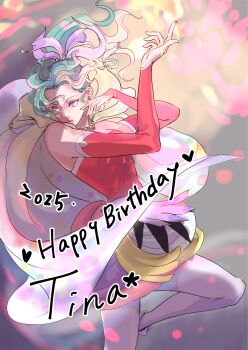 1girl 2025 blue_eyes breasts cape character_name detached_sleeves dress earrings feet_out_of_frame final_fantasy final_fantasy_vi ginka2023 green_hair grey_pantyhose happy_birthday highres jewelry long_hair medium_breasts pantyhose ponytail purple_ribbon red_dress red_sleeves ribbon sash short_dress solo strapless strapless_dress tina_branford tube_dress waist_sash yellow_cape